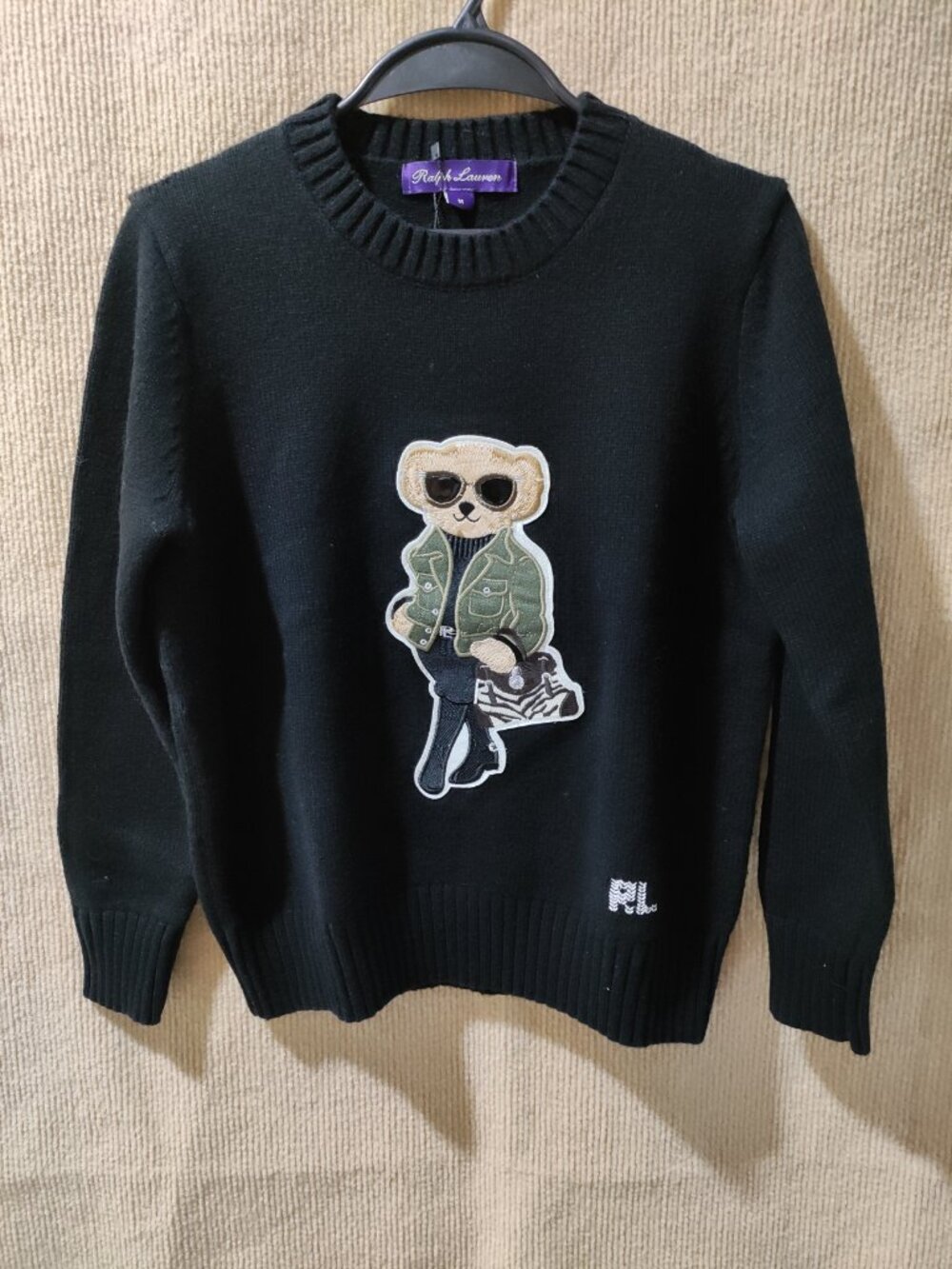 Ralph Lauren Black Polo Bear Embroidered Crew Neck Sweater Women